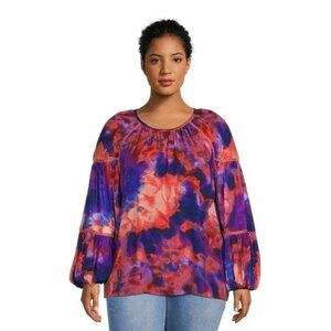 Terra & Sky Womens 1X Tie Dye Peasant Blouse Long Sleeve Boho Top Plus Size